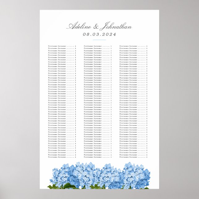 Blue Hydrangea Wedding Seating Chart (Front)