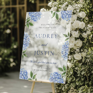 Blue Hydrangea Wedding Welcome Sign, Flower Border Acrylic Sign