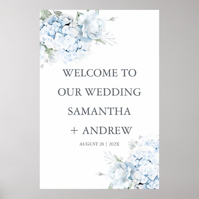 Blue Hydrangea Wedding Welcome Sign Printed (Front)