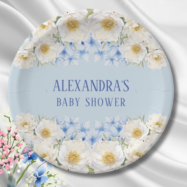Blue Hydrangea White Floral Garden Baby Shower Paper Plate (Creator Uploaded)