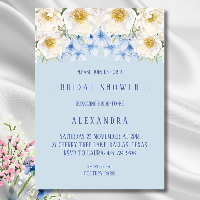 Blue Hydrangea White Floral Garden Bridal Shower Invitation (Creator Uploaded)