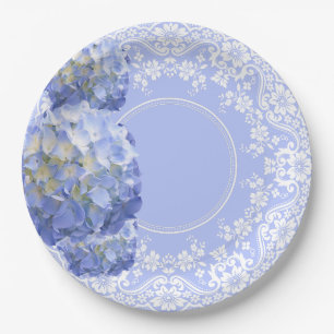 Blue Hydrangea White Lace Party Wedding Reception Paper Plate