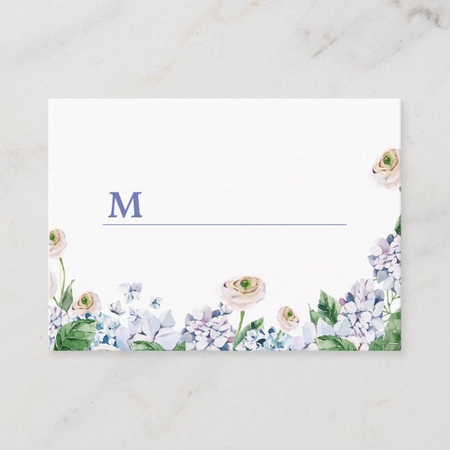 Blue Hydrangea White Rose 100th Birthday Place Card (Front)