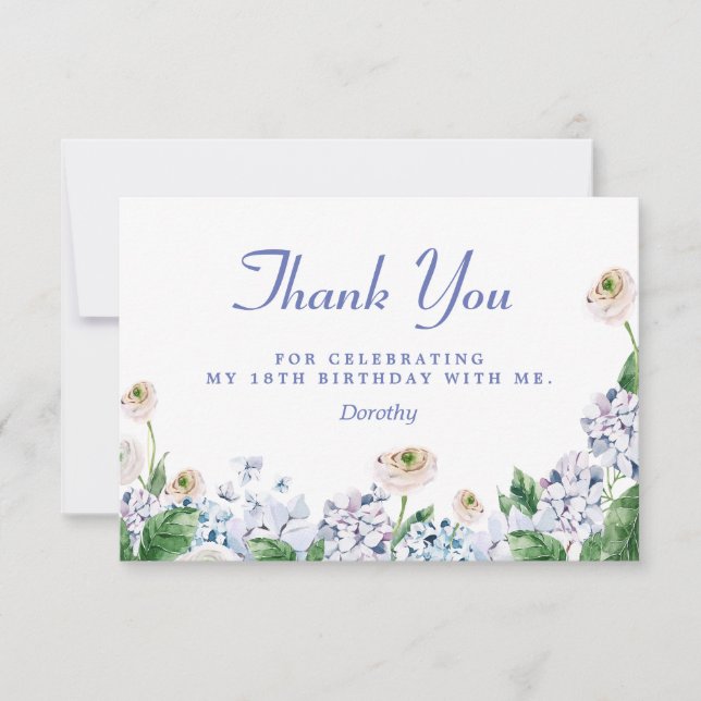 Blue Hydrangea White Rose 18th Birthday Thank You Card (Front)