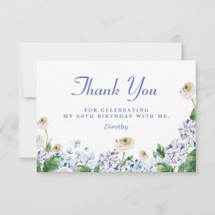 Blue Hydrangea White Rose 60th Birthday Thank You Card