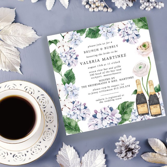Blue Hydrangea White Rose Bridal Brunch Bubbly Invitation (Creator Uploaded)