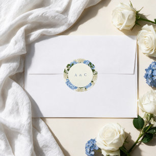 Blue Hydrangea White Rose Classic Monogram Wedding Round Sticker