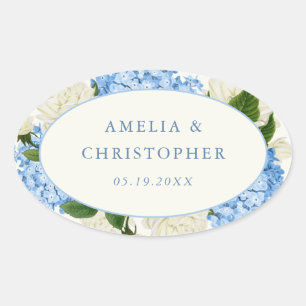 Blue Hydrangea White Rose Classic Wedding Oval Sticker