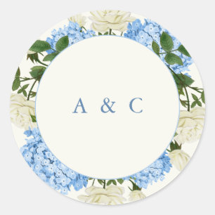 Blue Hydrangea White Rose Classic Wedding Round Sticker