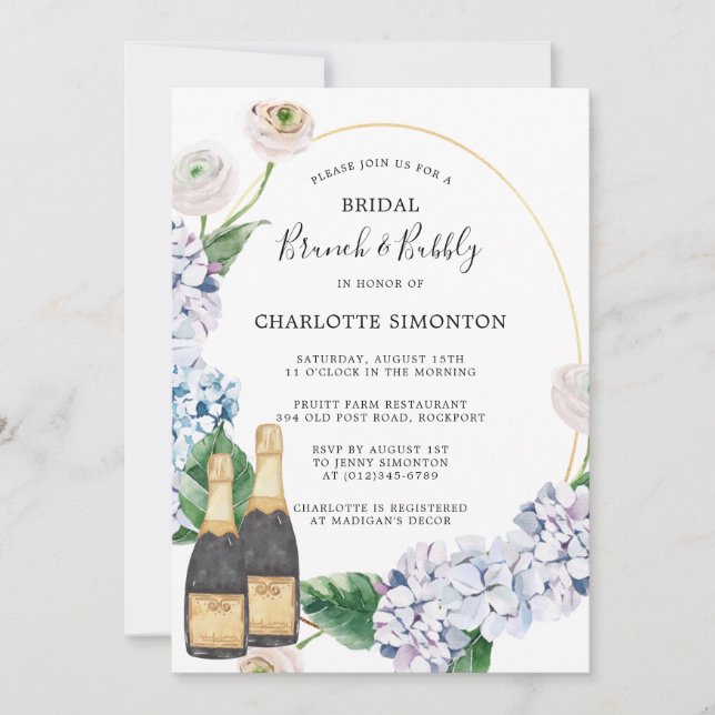 Blue Hydrangea White Rose Floral Brunch Bubbly Invitation (Front)