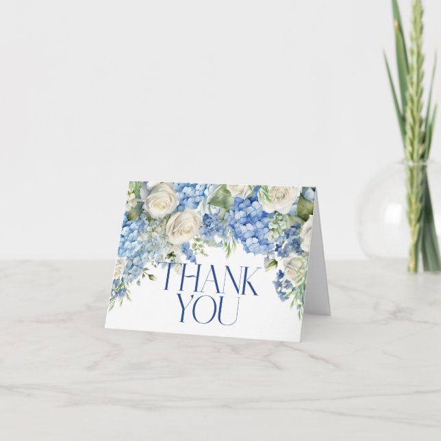 Blue Hydrangea White Roses Watercolor Wedding Thank You Card (Front)