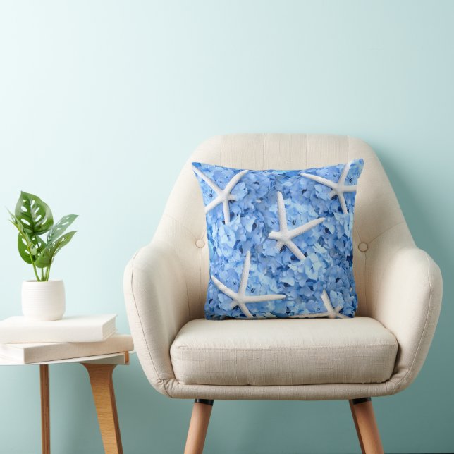 Blue Hydrangea White Starfish Coastal Pillow (Chair)