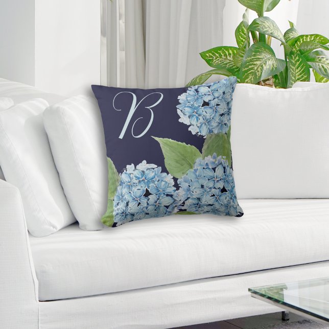 Blue Hydrangea with Initial on Navy Background Cushion (Creator Uploaded)