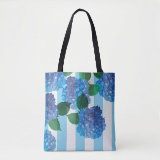 Blue Hydrangea with Stripes Tote Bag