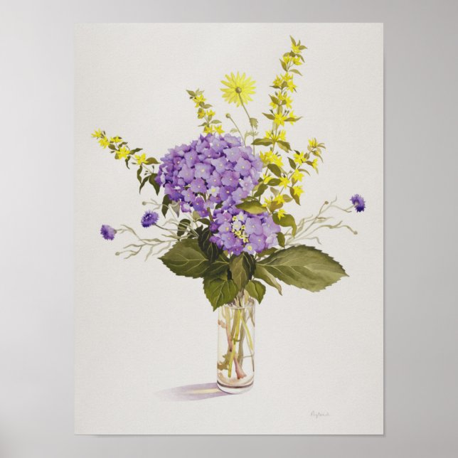 Blue Hydrangea with Yellow Loosestrife Poster (Front)