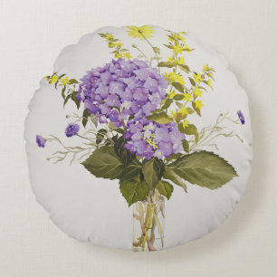 Blue Hydrangea with Yellow Loosestrife Round Cushion