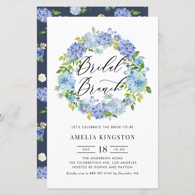 Blue Hydrangea Wreath Bridal Brunch Invitation (Front/Back)
