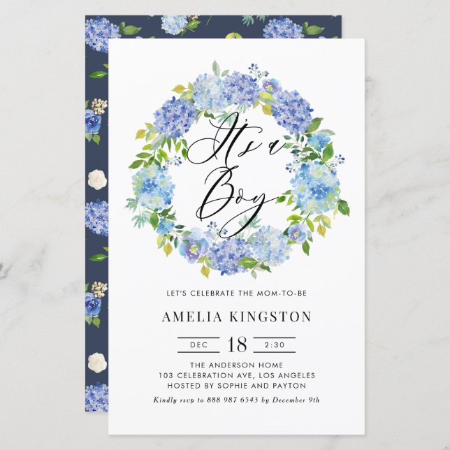 Blue Hydrangea Wreath It's a Boy Invitation (Front/Back)