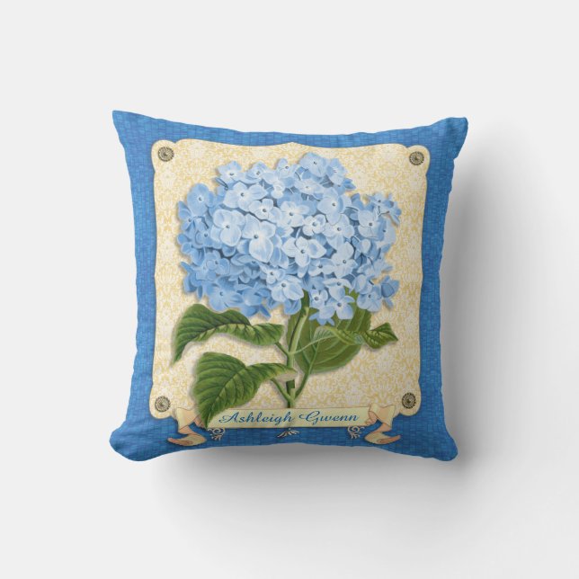 Blue Hydrangea Yellow Damask Banner Tile Cutouts Outdoor Cushion (Front)
