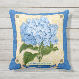 Blue Hydrangea Yellow Damask Banner Tile Cutouts Outdoor Cushion