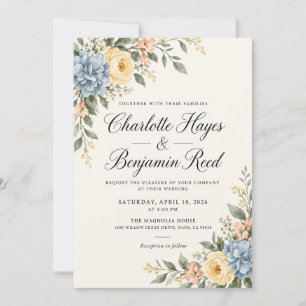 Blue Hydrangea Yellow Rose Wedding Invitation
