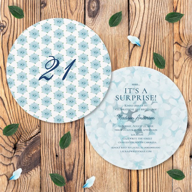 Blue Hydrangeas 21st Surprise Birthday Party Invitation (Front and Back)