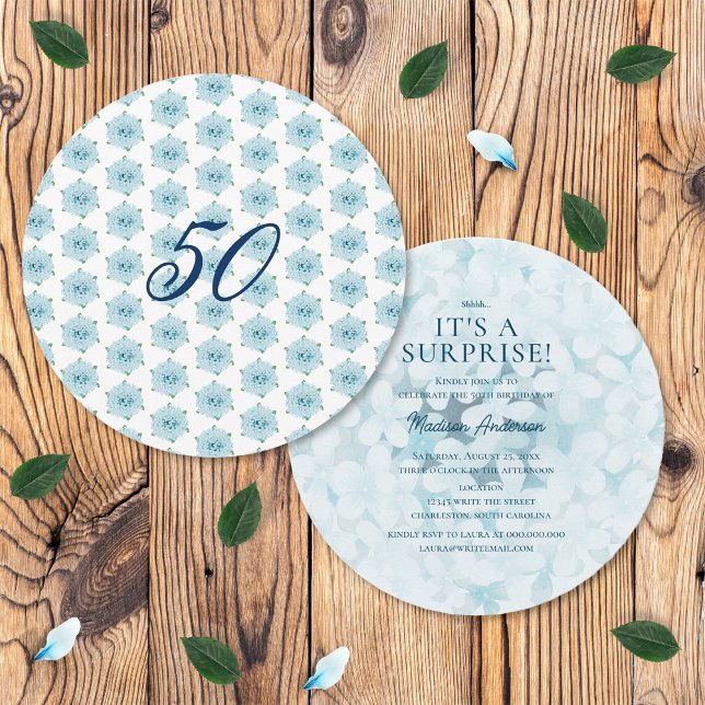 Blue Hydrangeas 50th Surprise Birthday Party Invitation (Front and Back)