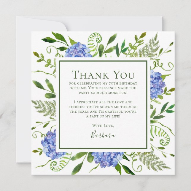 Blue Hydrangeas 70th Birthday  Thank You Card (Front)