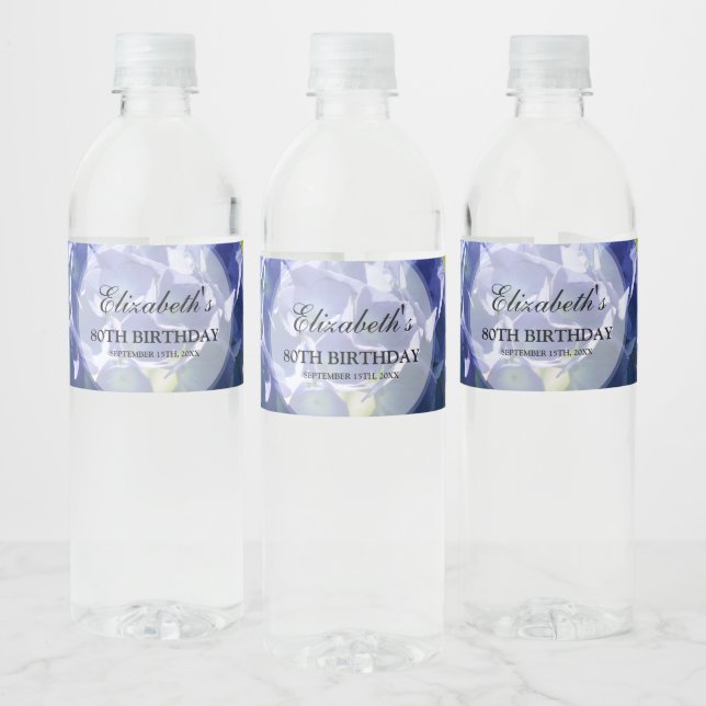 Blue Hydrangeas 80th Birthday Party Water Bottle Label (Bottles)
