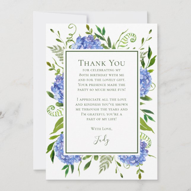 Blue Hydrangeas 80th Birthday  Thank You Card (Front)