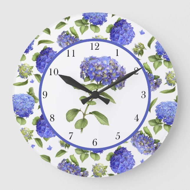 Blue Hydrangeas All Over Large Clock (Front)