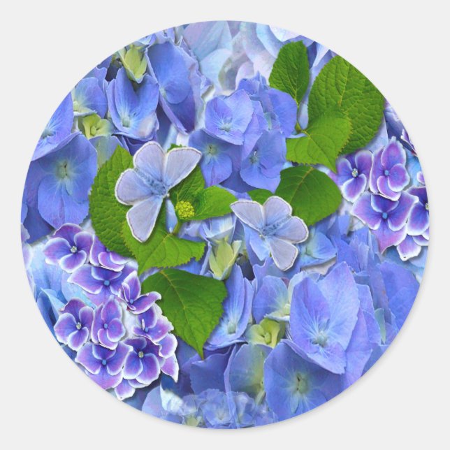 Blue Hydrangeas and Butterflies Classic Round Sticker (Front)