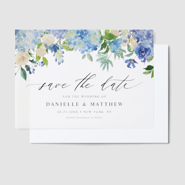 Blue Hydrangeas and Ivory Roses Save the Date Vellum Invitations (Offset)