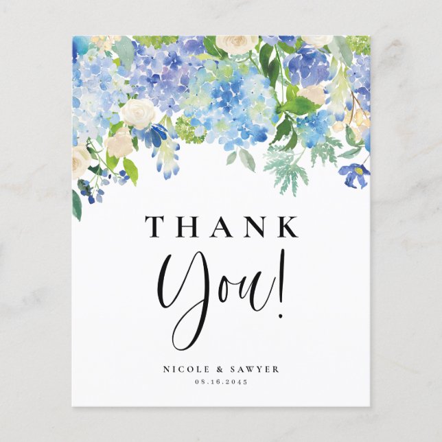 Blue Hydrangeas and Ivory Roses Thank You Card (Front)