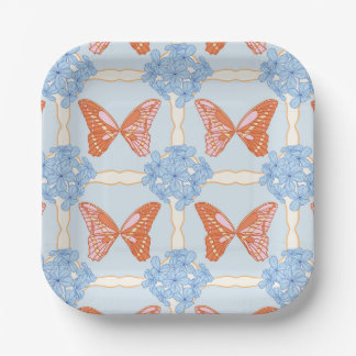 Blue Hydrangeas and Pink and Orange Butterflies Paper Plate