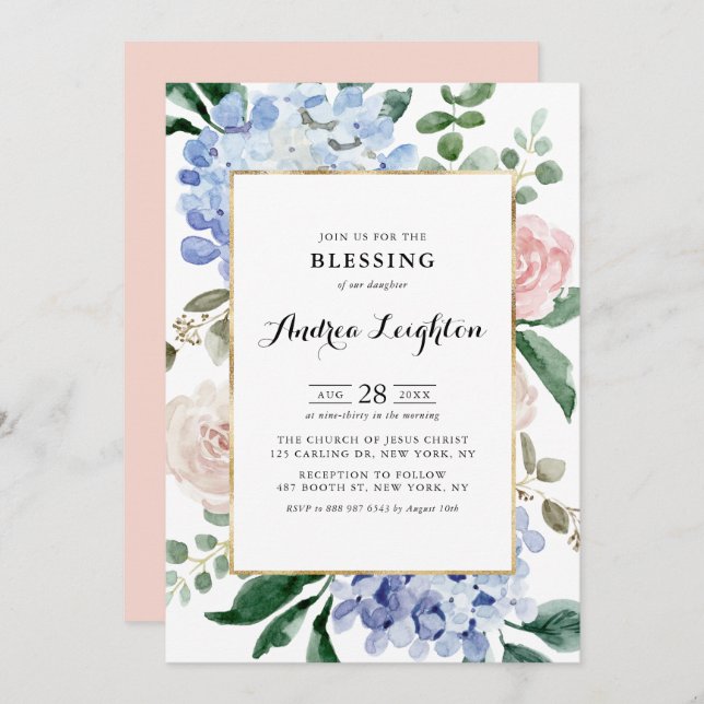 Blue Hydrangeas and Pink Roses Baby Blessing Invitation (Front/Back)