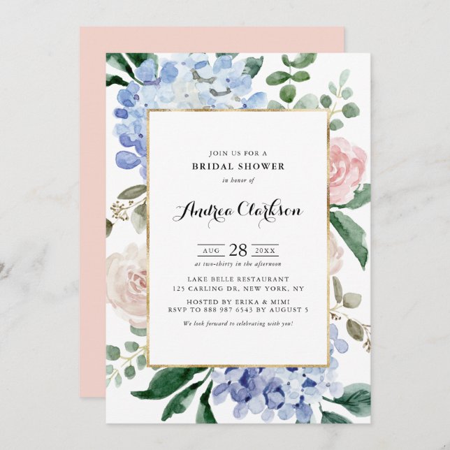 Blue Hydrangeas and Pink Roses Bridal Shower Invitation (Front/Back)