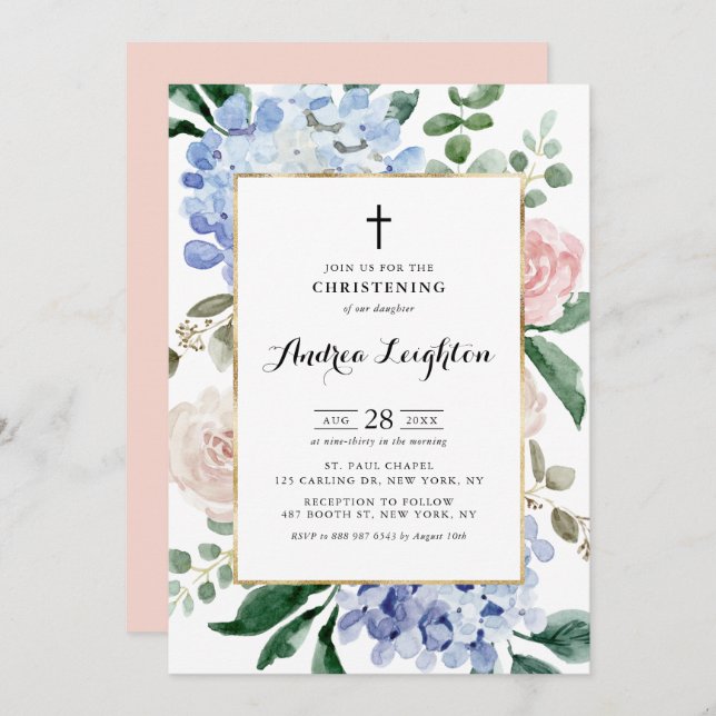 Blue Hydrangeas and Pink Roses Christening Invitation (Front/Back)