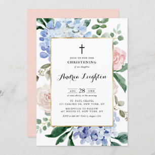 Blue Hydrangeas and Pink Roses Christening Invitation