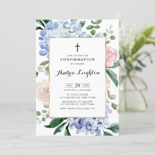 Blue Hydrangeas and Pink Roses Confirmation Invitation