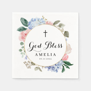 Blue Hydrangeas and Roses God Bless Baptism Napkin
