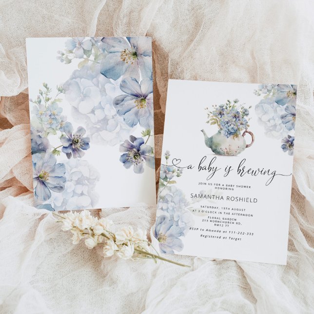 Blue Hydrangeas baby is brewing tea party shower Invitation (Creator Uploaded)