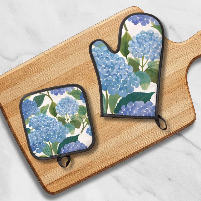 Blue Hydrangeas | Beautiful Floral Bush Oven Mitt & Pot Holder Set (Creator Uploaded)