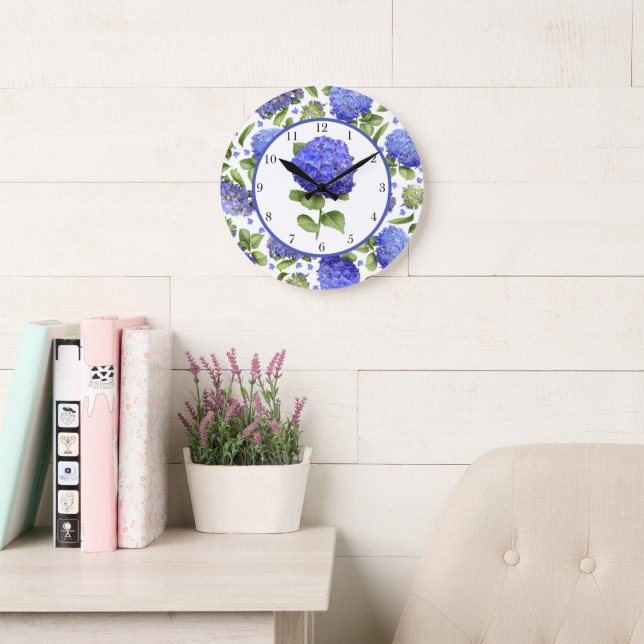 Blue Hydrangeas Botanical Art Floral Large Clock (Reading Room)