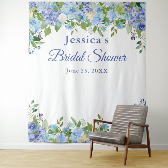 Blue Hydrangeas Bridal Shower Photo Booth Backdrop Tapestry (In Situ)
