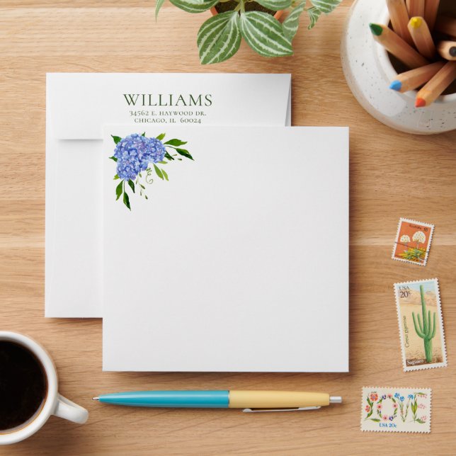 Blue Hydrangeas Bridal Shower Square Envelope (Desk)