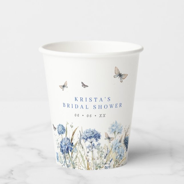 Blue Hydrangeas & Butterflies Bridal Shower Paper Cups (Front)