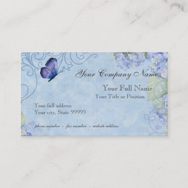 Blue Hydrangeas, Butterfly & Swirl Modern Floral Business Card (Front)