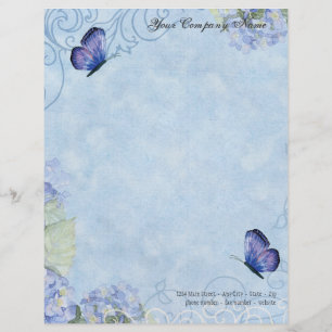 Blue Hydrangeas, Butterfly & Swirl Modern Floral Letterhead Design