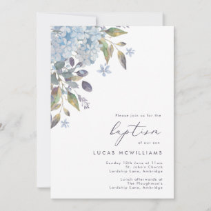 Blue Hydrangeas Calligraphy Baptism Invitation